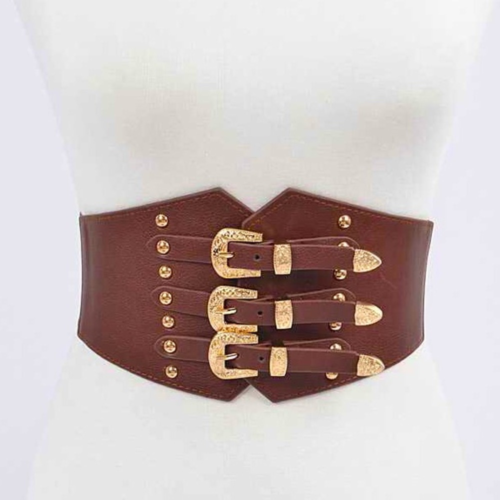 Vegan Leather Triple Buckle Corset Statement Belt